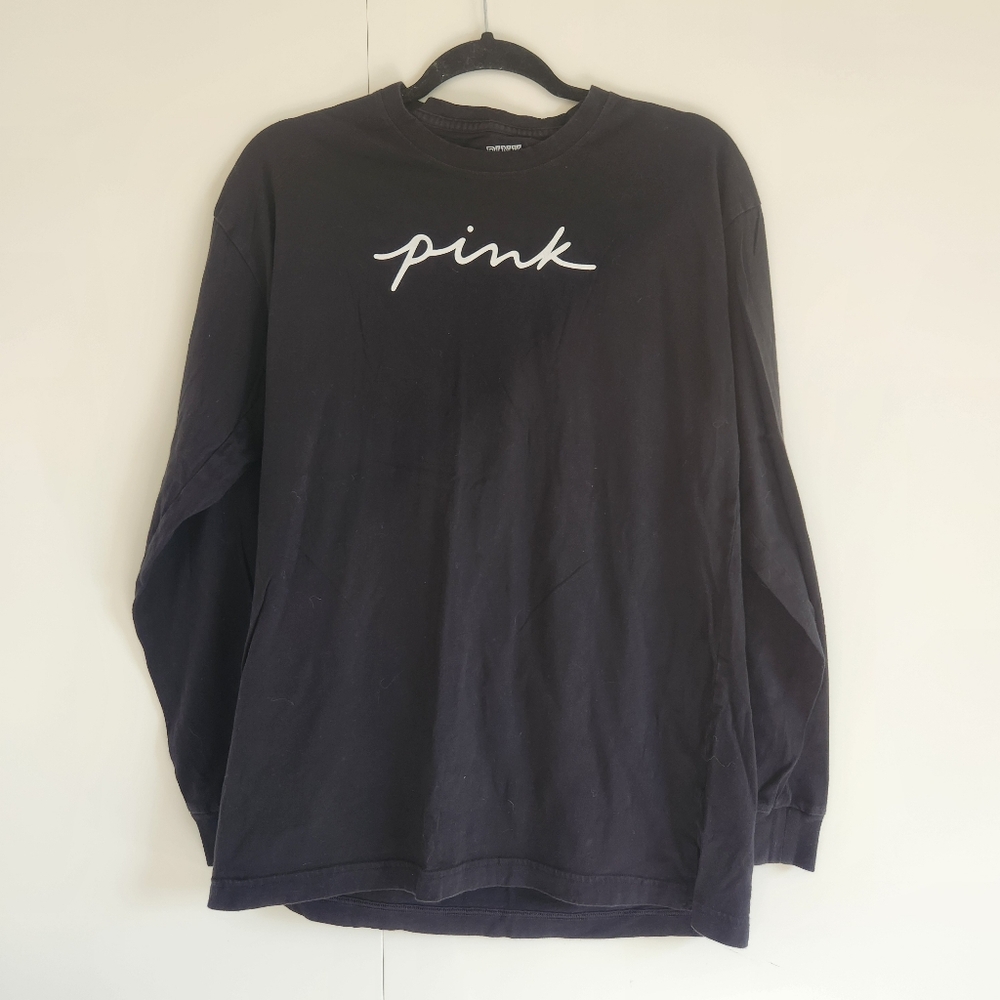 Victoria’s Secret PINK Long Sleeve Tee S | Black Logo Oversized Lounge Top